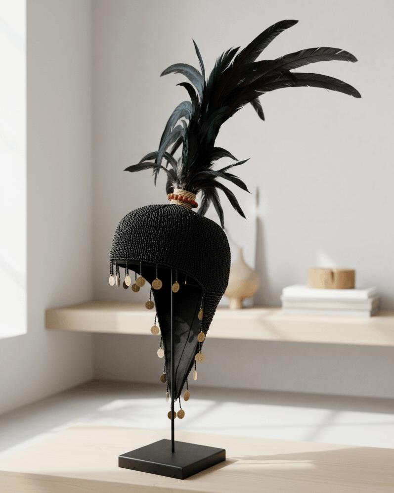 Beaded Hat - Black on Stand - Kayu Living