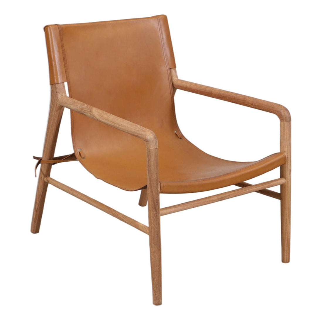 Brown leather armchair with wooden frame on a white background