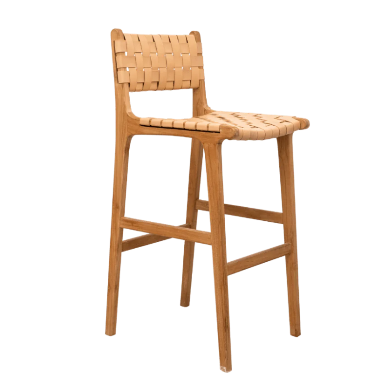 Uluwatu Teak and Woven Leather Counter Stool