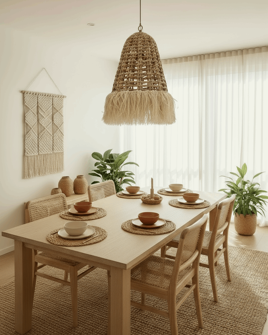 Dining room with a wooden table set for a meal, wicker pendant light, and decorative elements.