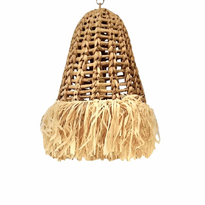 Woven rattan pendant light with frayed edges on a white background