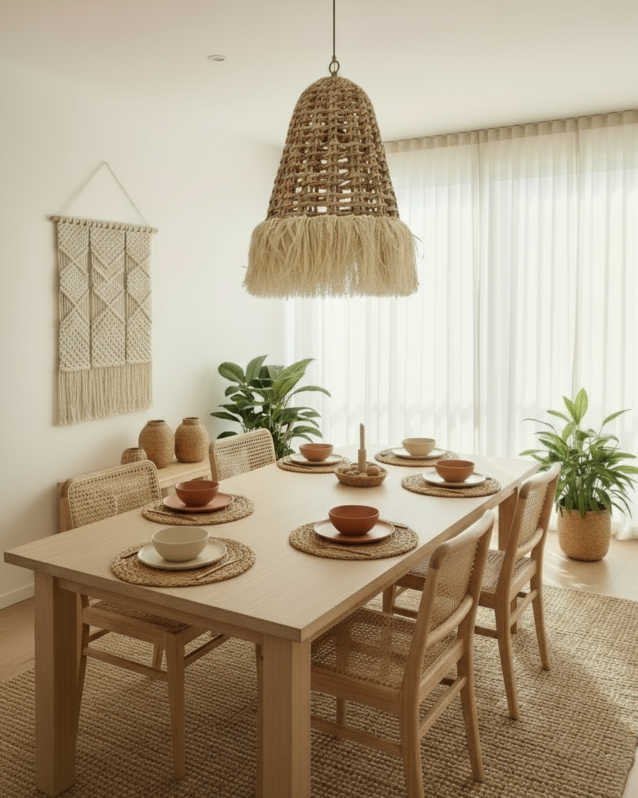 Dining room with a wooden table set for a meal, wicker pendant light, and decorative elements.