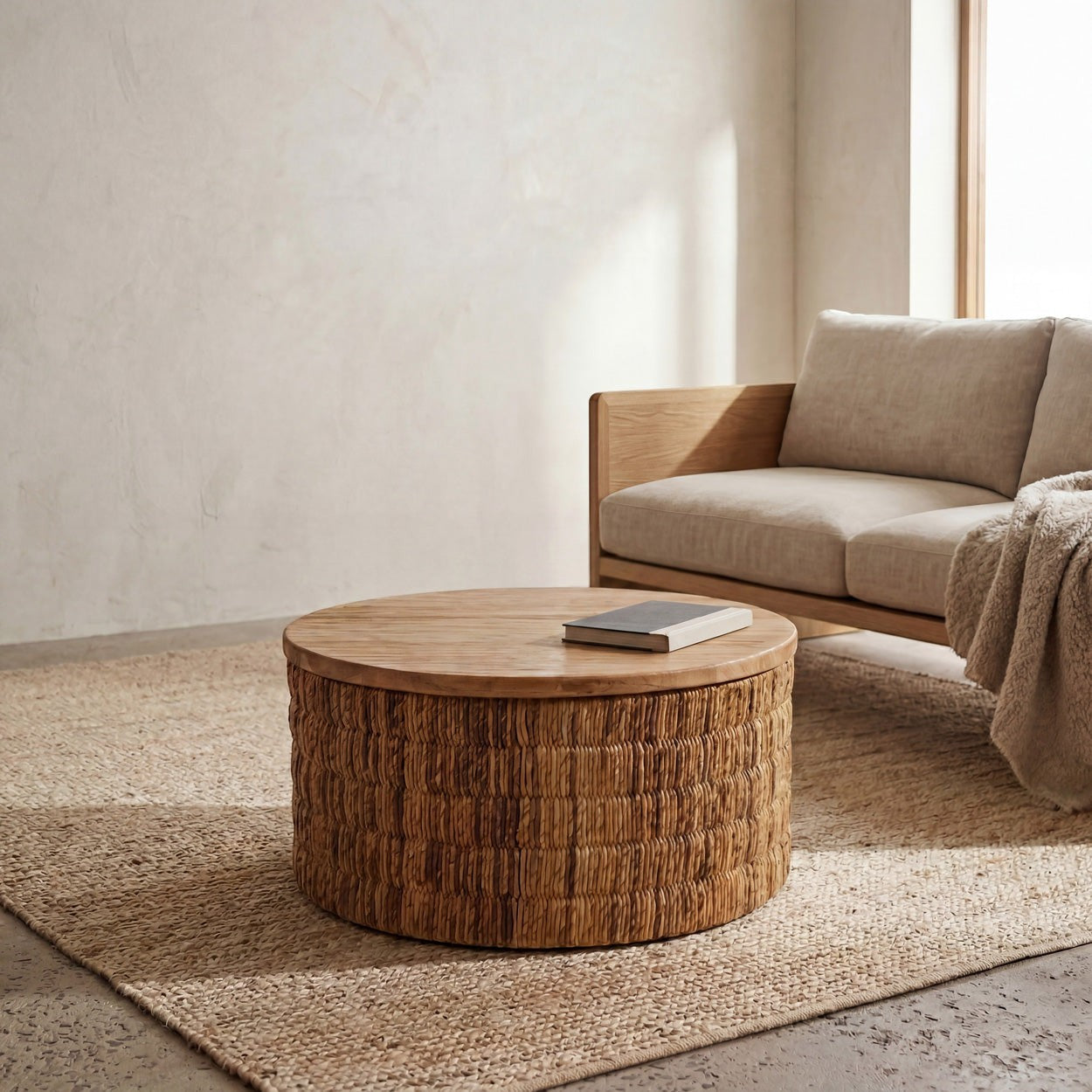 Kayu Living Abaca Round Natural Magani coffee table with a teak wood top and handwoven abaca base in a living room.