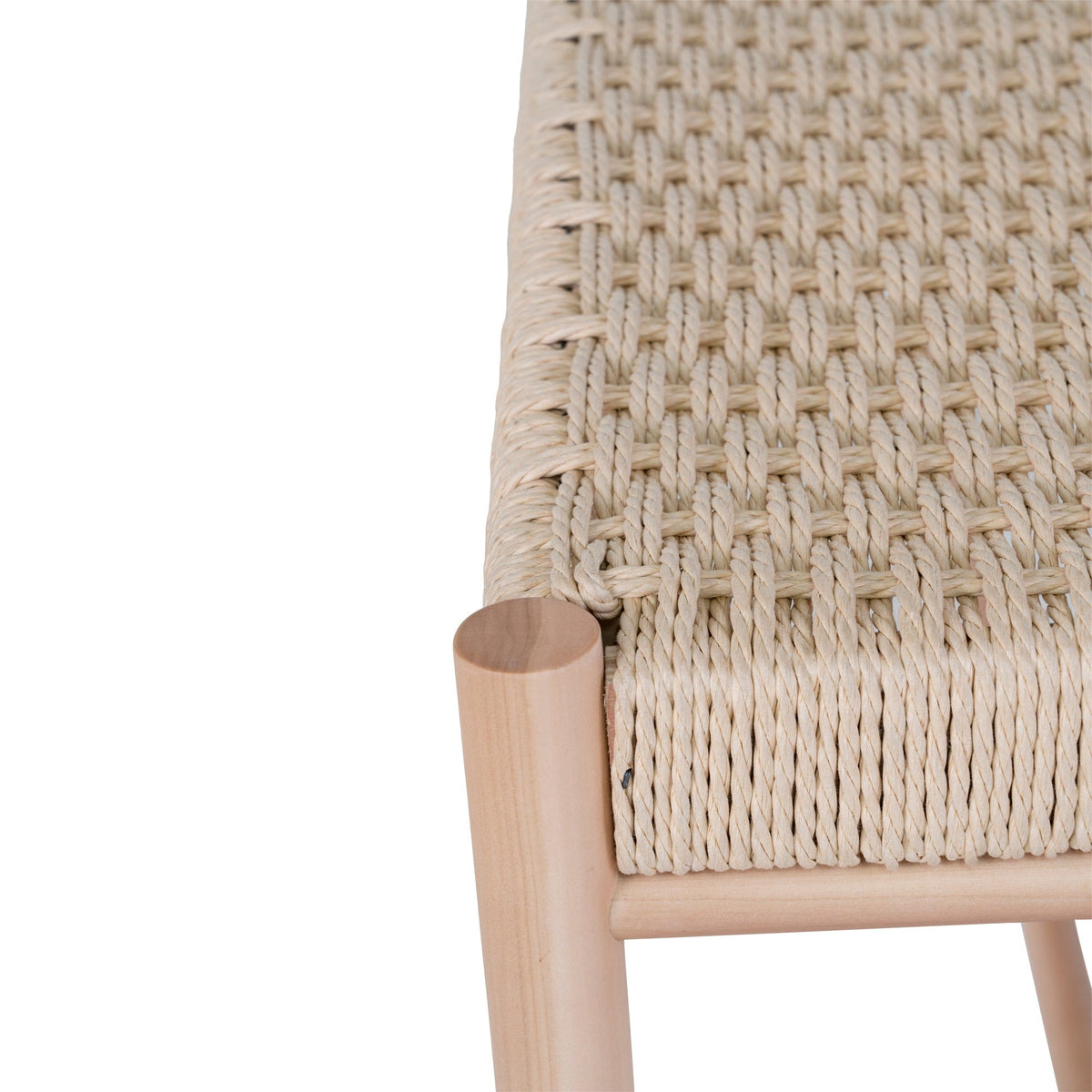 Kayu Living Abano bench featuring a natural woven paper-cord seat and light poplar wood frame in a close-up view.