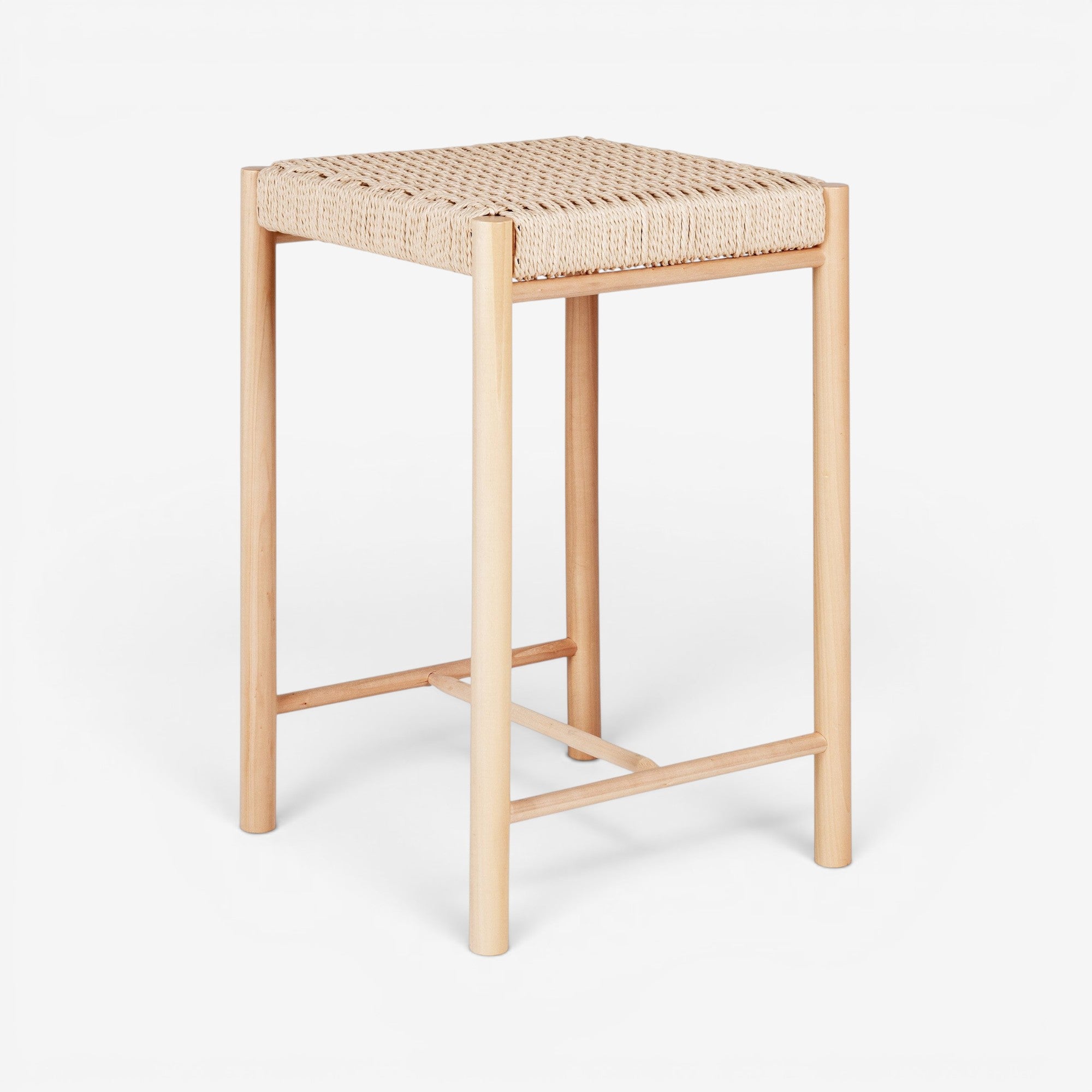 Kayu Living Abano counter chair with natural woven paper-cord seat and solid poplar wood frame. Nordic design.
