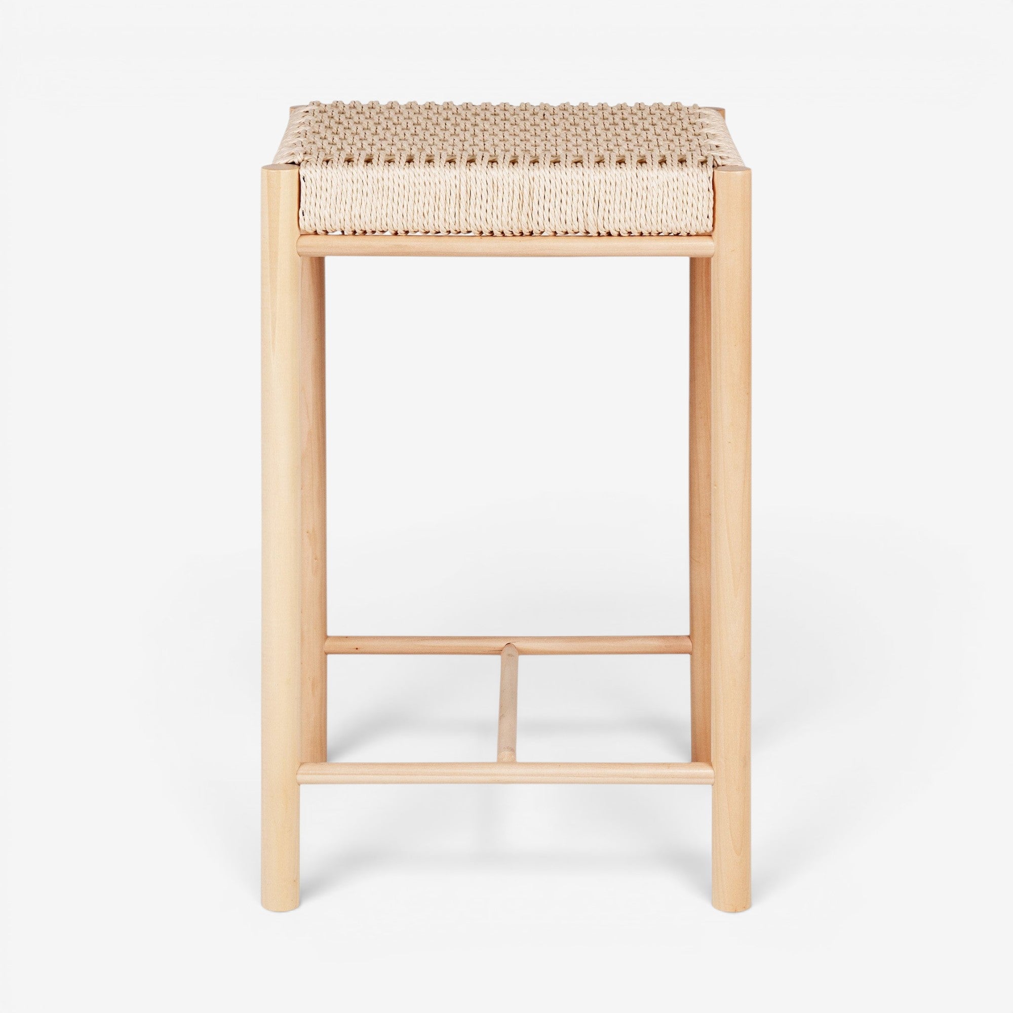 Kayu Living Abano counter chair with natural woven paper-cord seat and solid poplar wood frame, Nordic design.