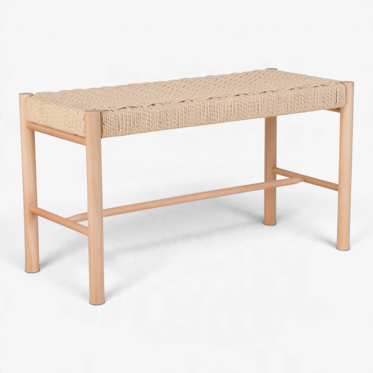 Kayu Living Abano bench featuring a natural poplar wood frame and a woven paper-cord seat in a minimalist style.