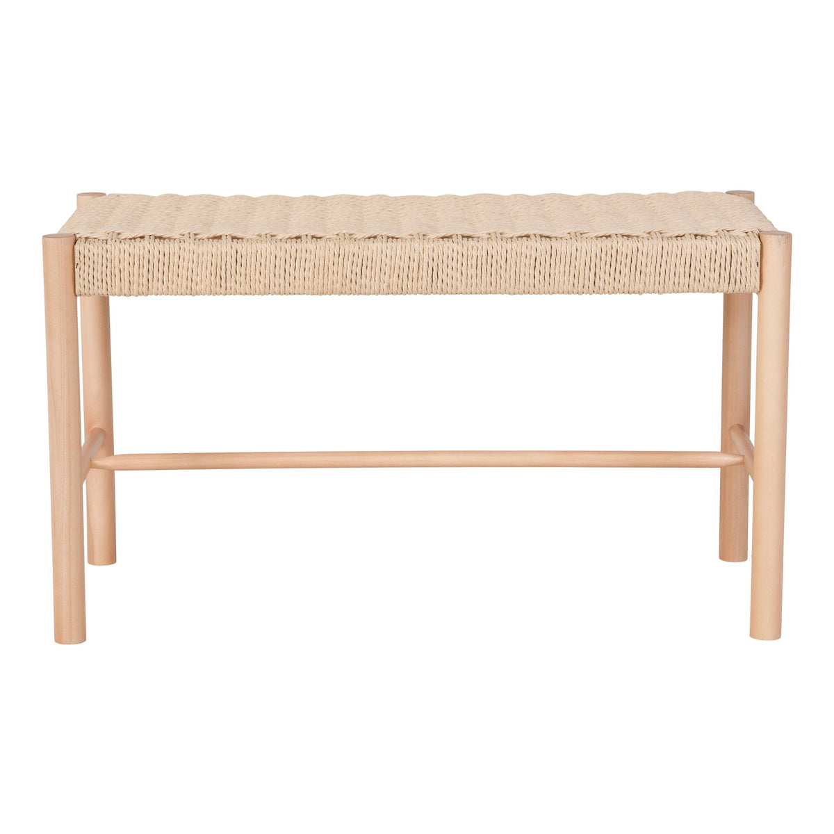 Kayu Living Abano bench featuring a natural woven paper-cord seat and light poplar wood frame.