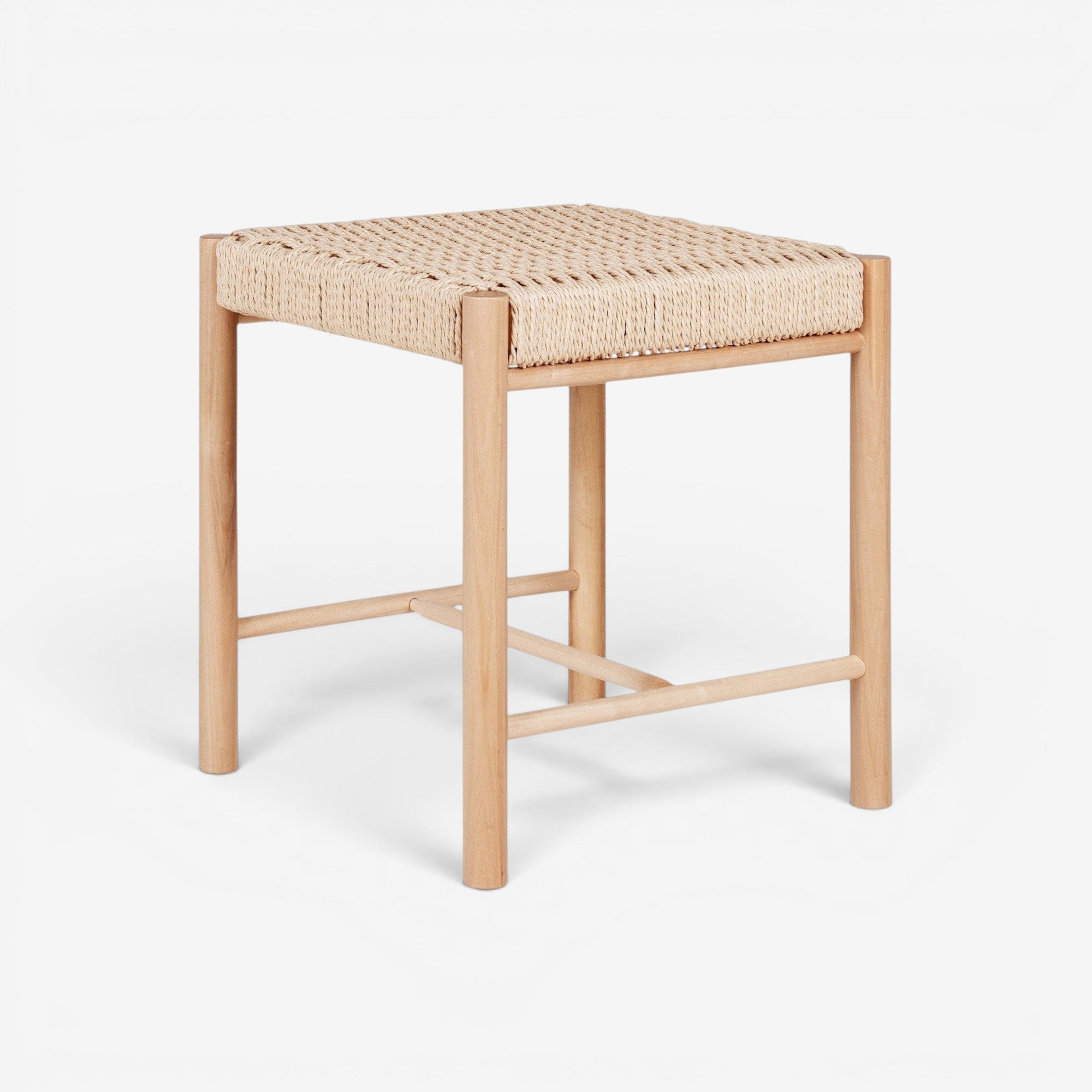 Kayu Living Abano stool, handcrafted poplar wood with natural woven paper-cord seat. Neutral finish, 42x42x46.5 cm.