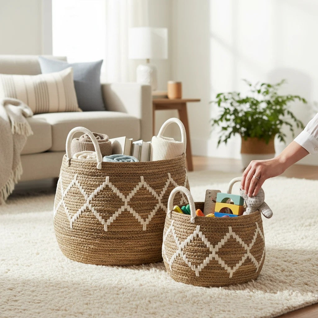 Kayu Living Altea set of two handcrafted banana-leaf storage baskets with natural and ivory diamond patterns.