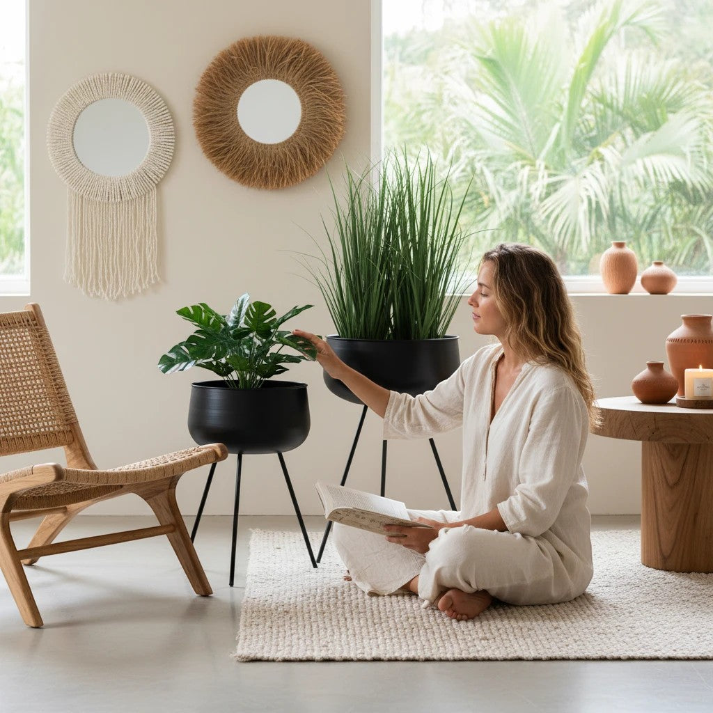 Kayu Living Ardola black steel flowerpots, set of 2, with minimalist design and sturdy construction. Perfect for statement greenery.