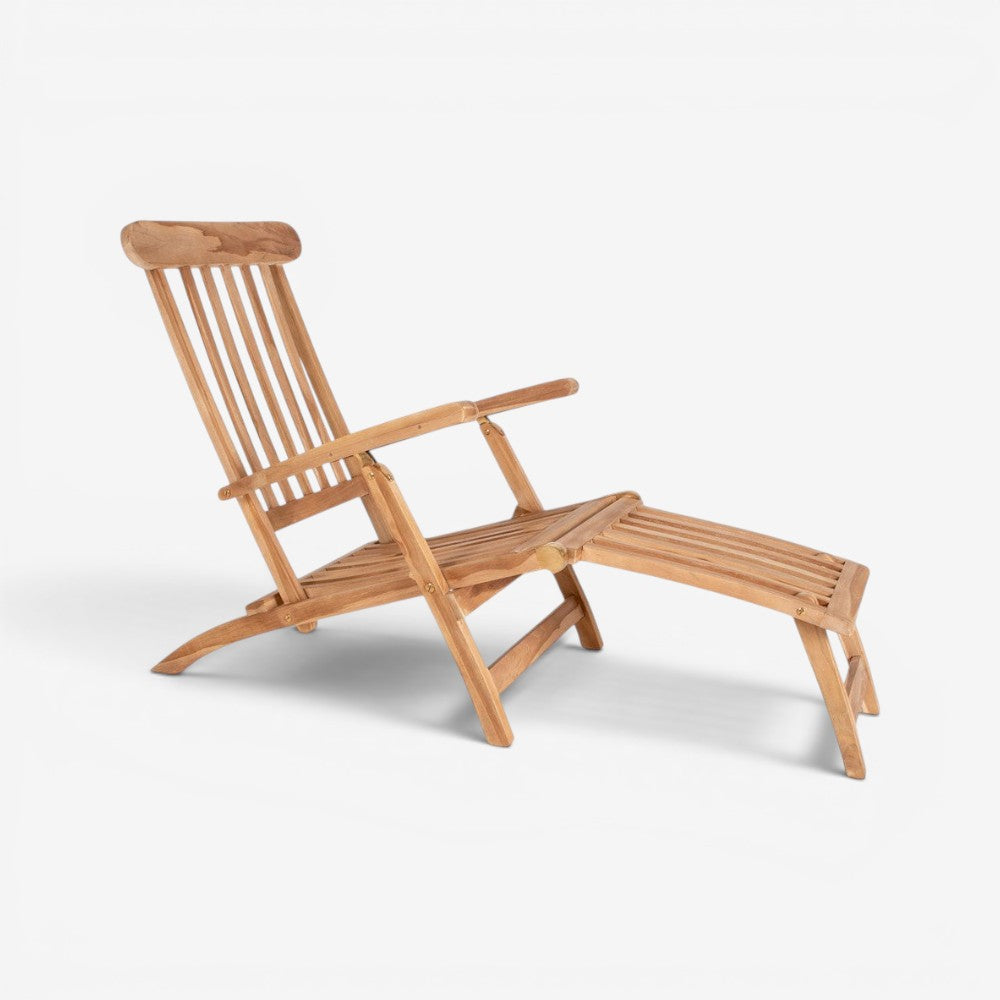Kayu Living Arrecife natural teak deck chair with adjustable back and footrest, slatted design.