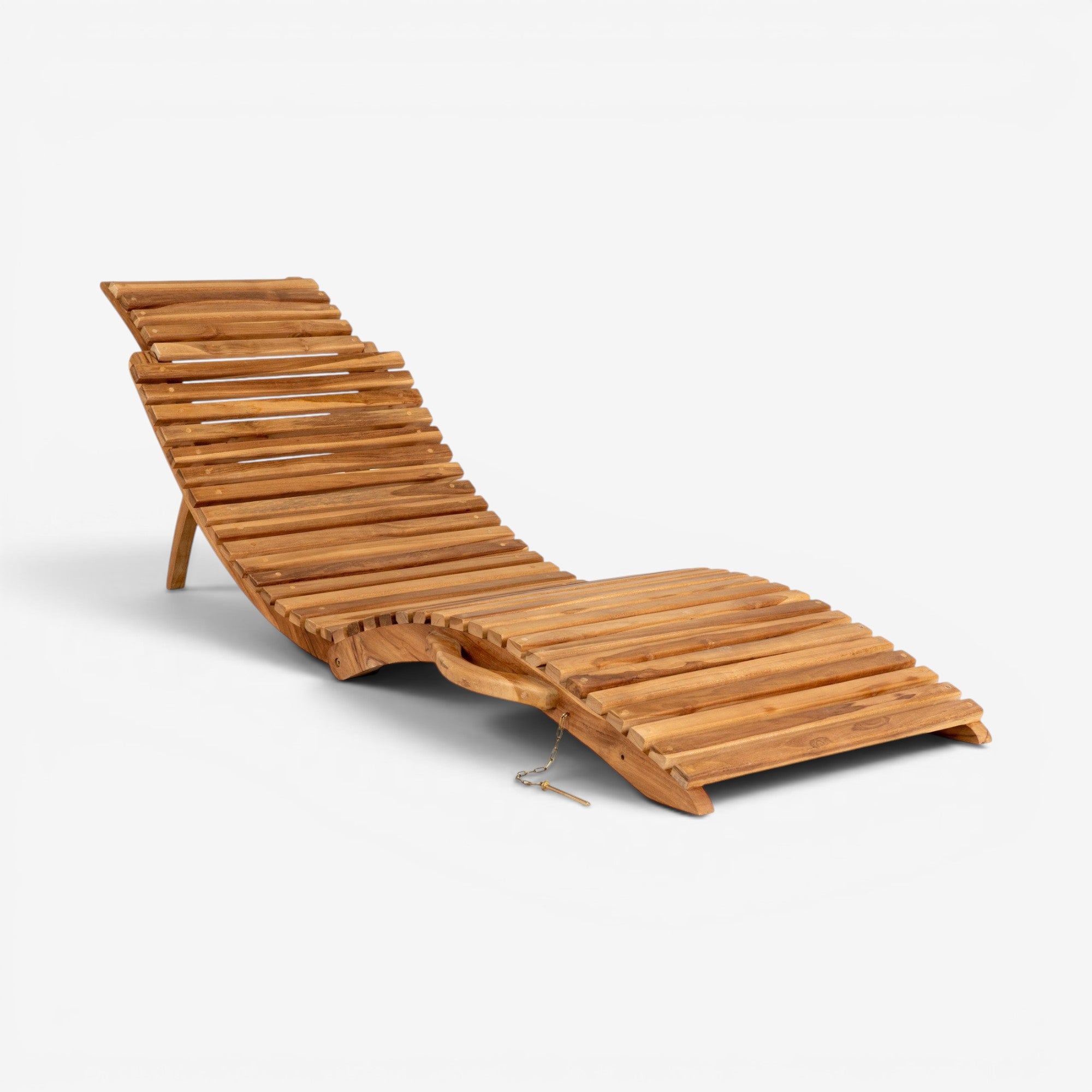 Kayu Living Arrieta Sun Lounger, natural teak wood, slatted design, adjustable backrest, for outdoor lounging.