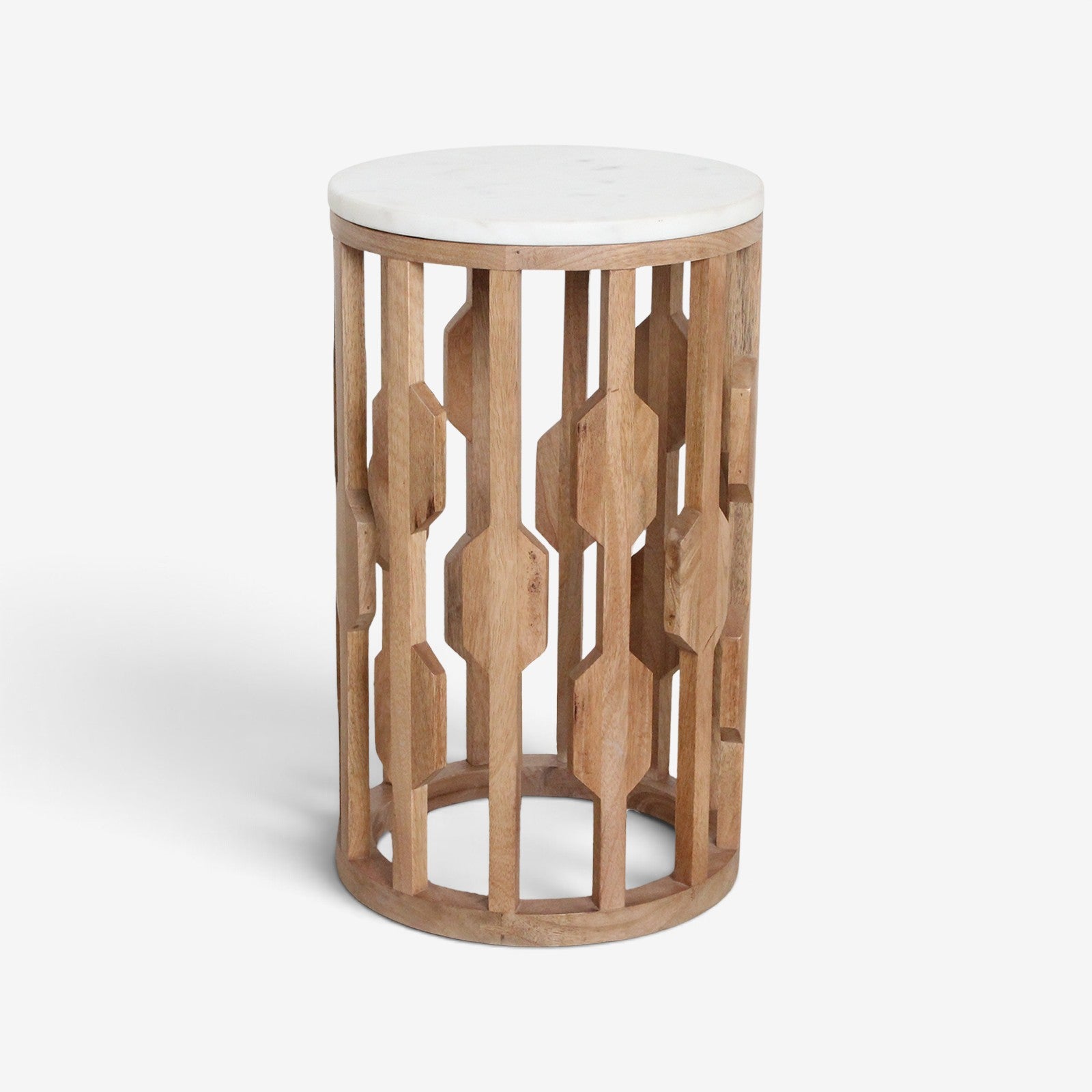 Kayu Living Atjeh side table with a round white marble top and a decorative open-work mango wood base.