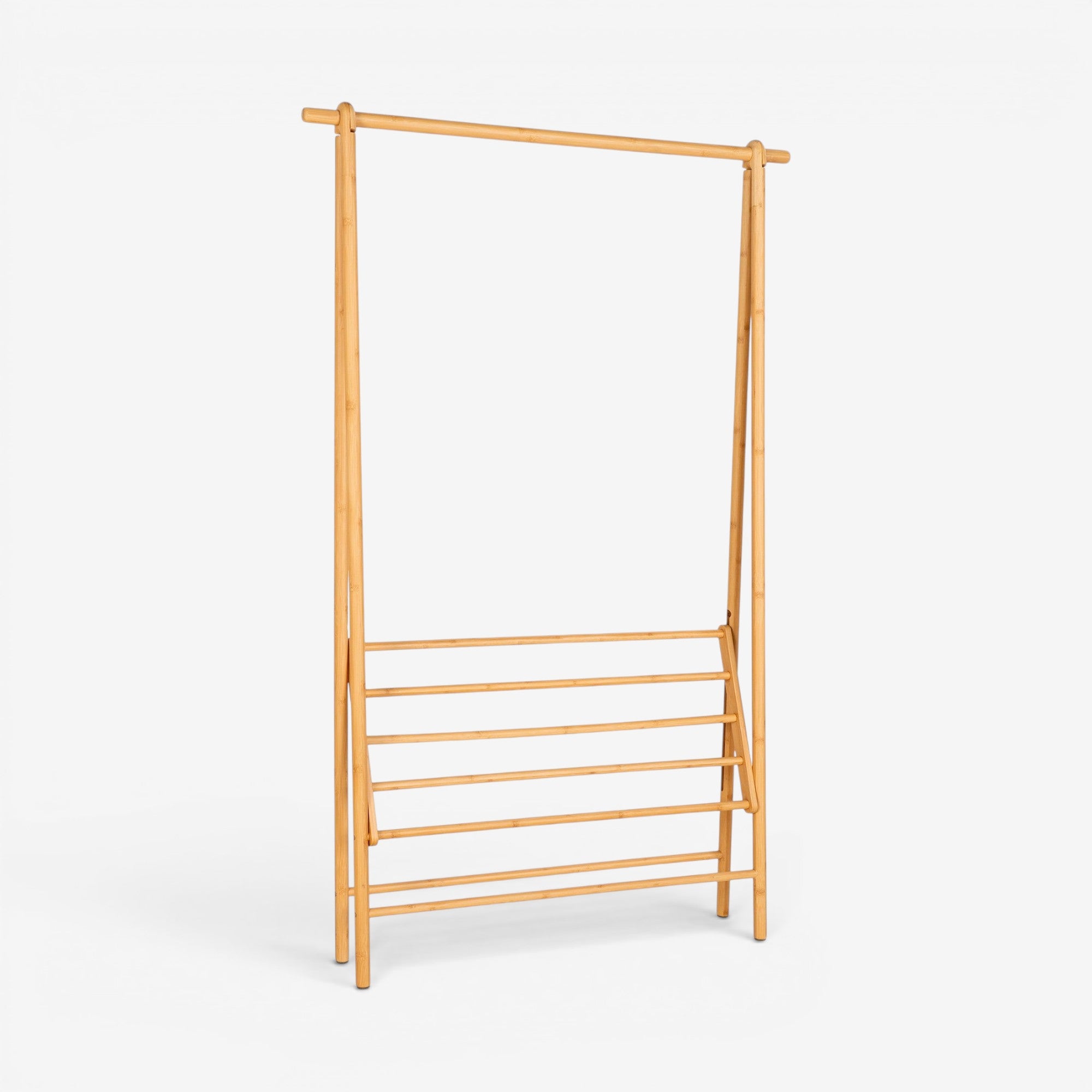 Kayu Living natural bamboo clothes rack with hanging rail and five shelves. Eco-friendly, sturdy design for entryway or bedroom.