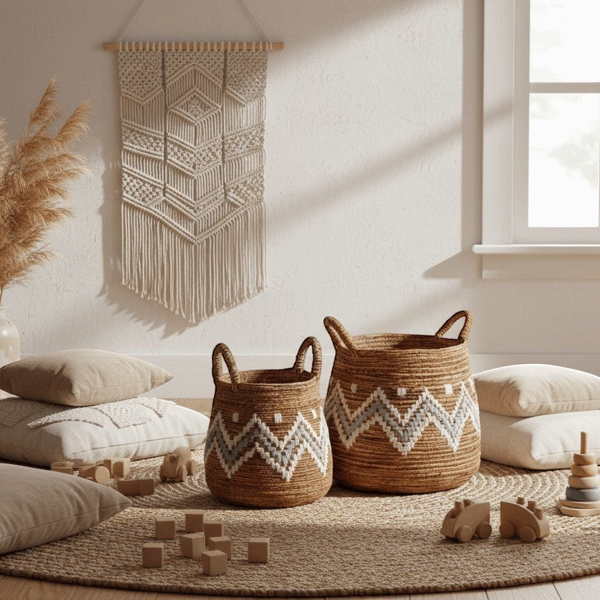 Kayu Living natural banana cord baskets with white and grey zigzag embroidery, featuring handles. Perfect for storage or decor.