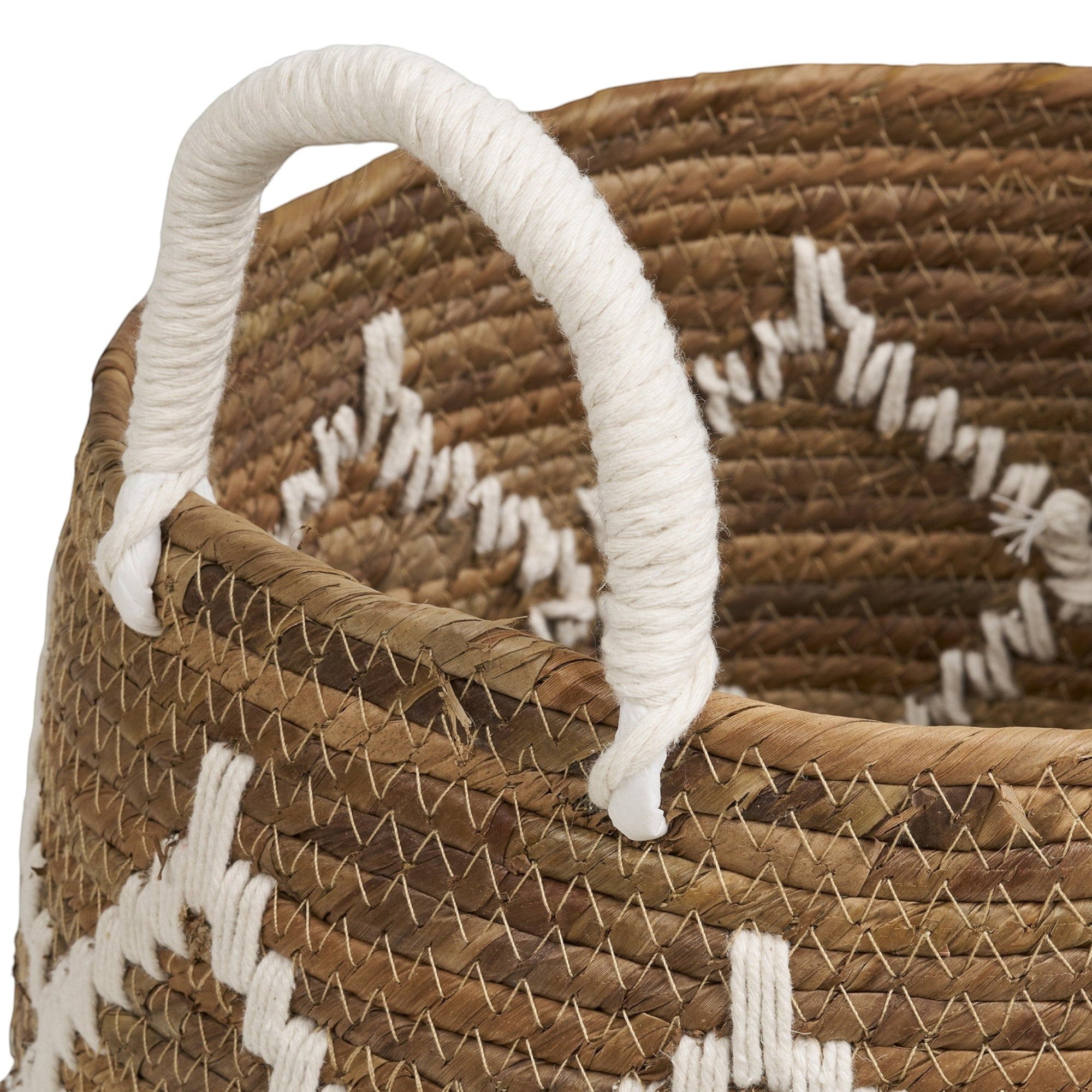 Kayu Living Altea handcrafted banana-leaf storage basket with ivory woven detailing and sturdy rope handles.