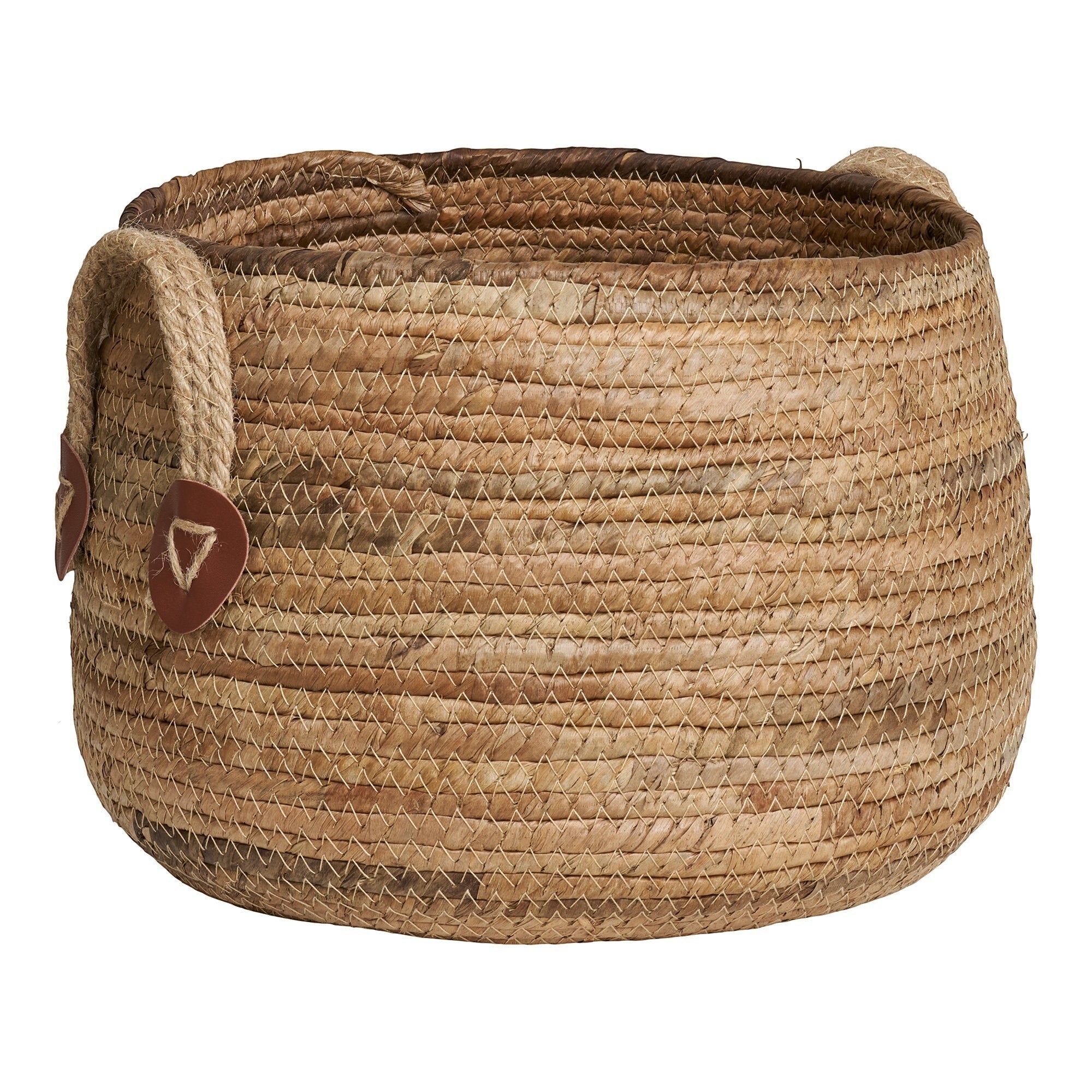 Kayu Living Aosta handcrafted natural banana-leaf storage basket with sturdy rope handles and leather accents.