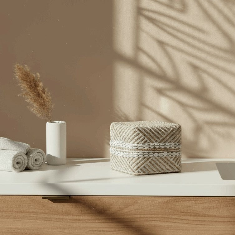 Kayu Living gold and white beaded box with shells, handmade in Bali, perfect for home decor.