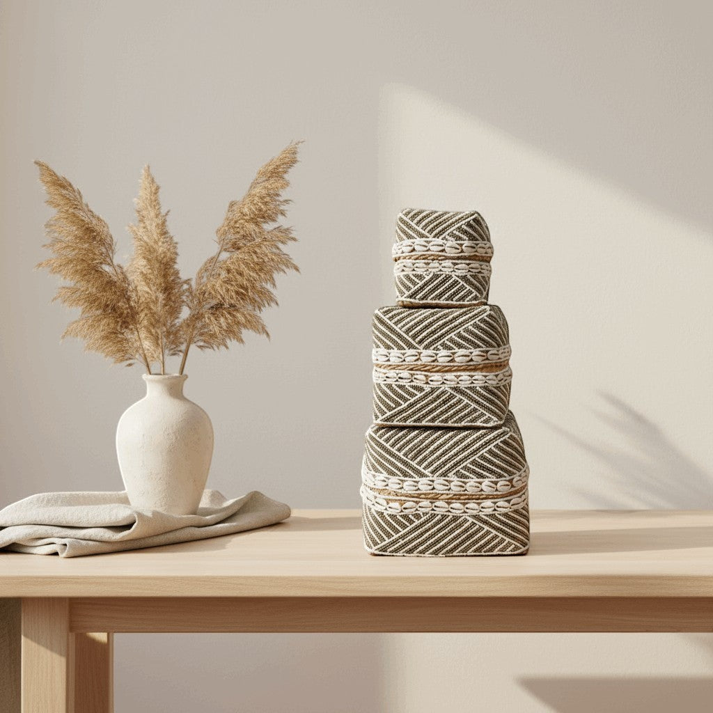 Kayu Living handmade beaded boxes with shells and natural rope detail, stacked in varying sizes.