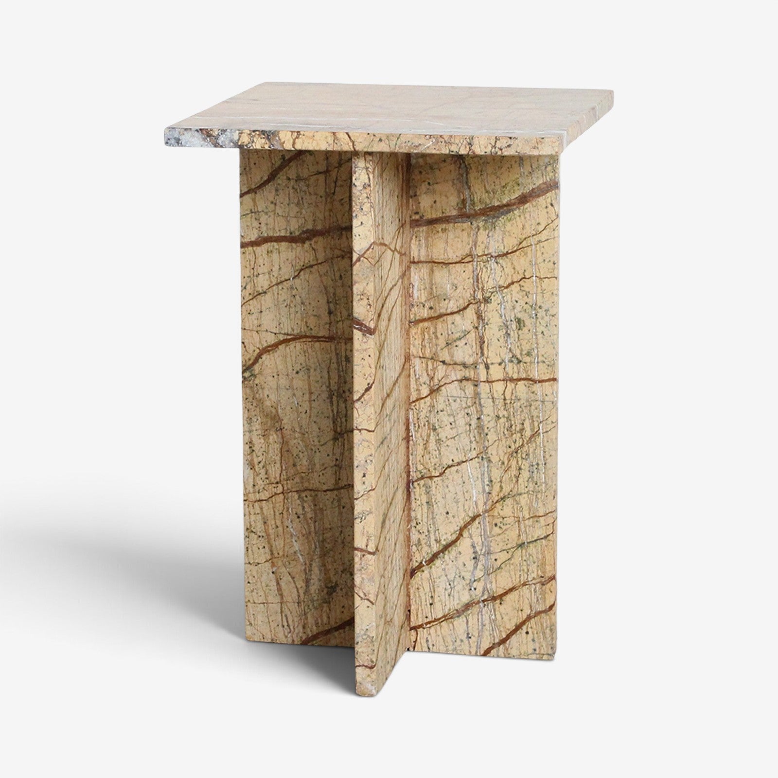 Kayu Living Seoel Bizar square side table in warm-toned marble with a unique cross base and natural veining.