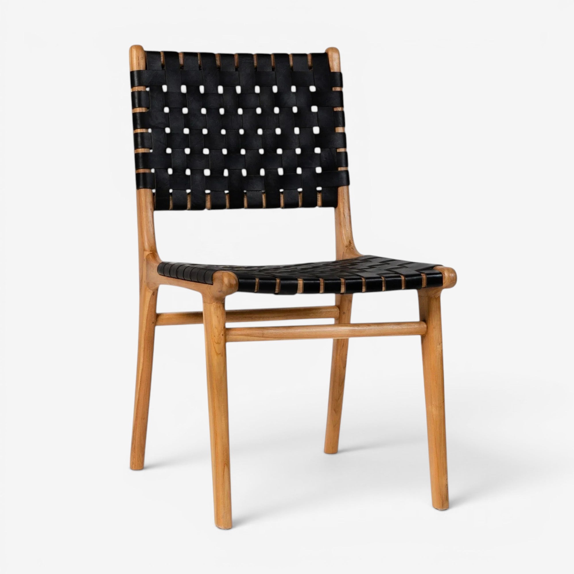 Kayu Living Umalas dining chair with hand-woven black leather seat and teak frame. Modern design.