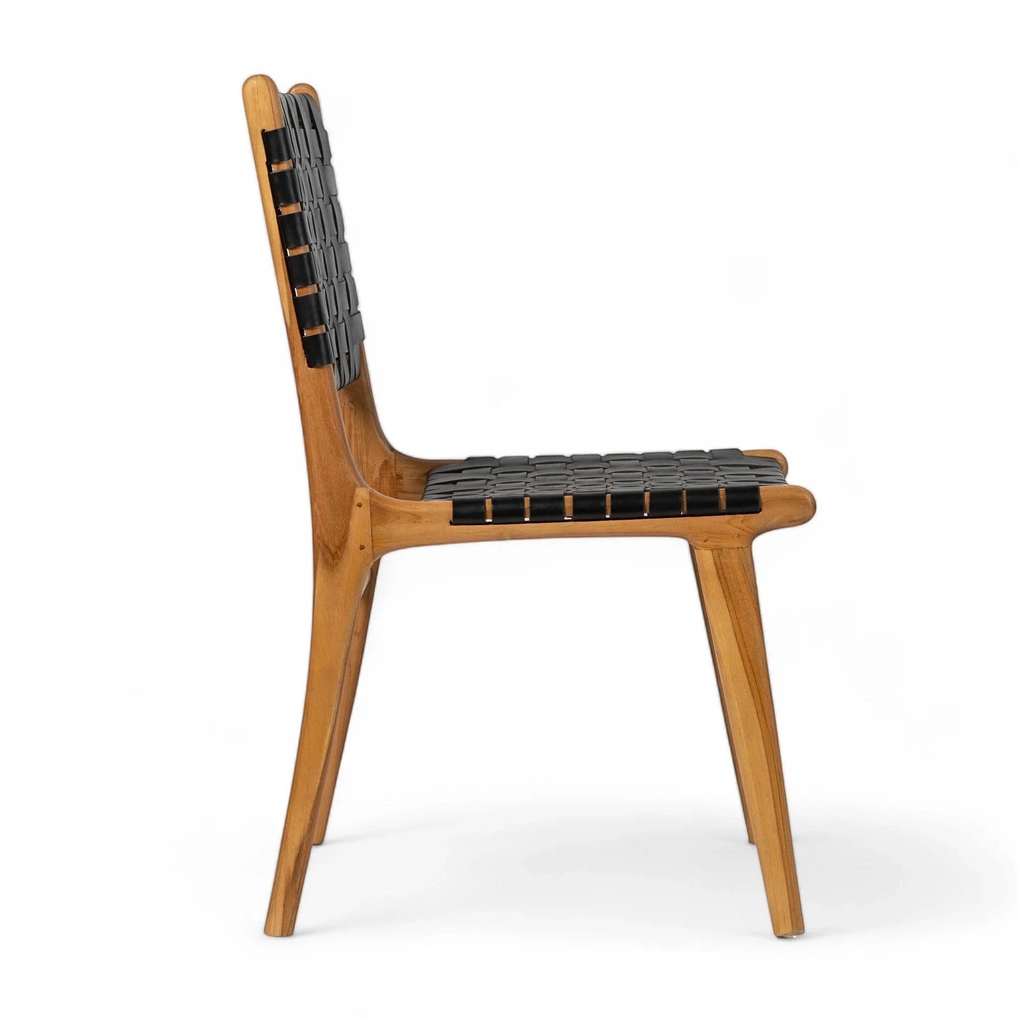 Kayu Living Umalas dining chair with hand-woven black leather seat and teak frame.