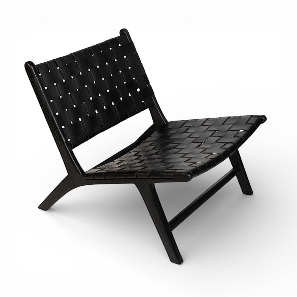 Kayu Living black handwoven leather lounge chair with black teak frame. Modern design, comfortable seating.