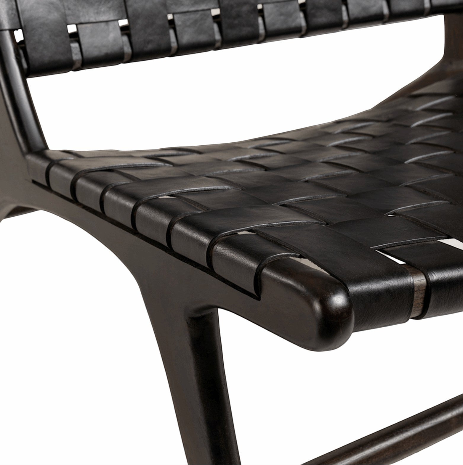 Kayu Living black handwoven leather lounge chair with black teak frame. Modern design, comfortable seating.