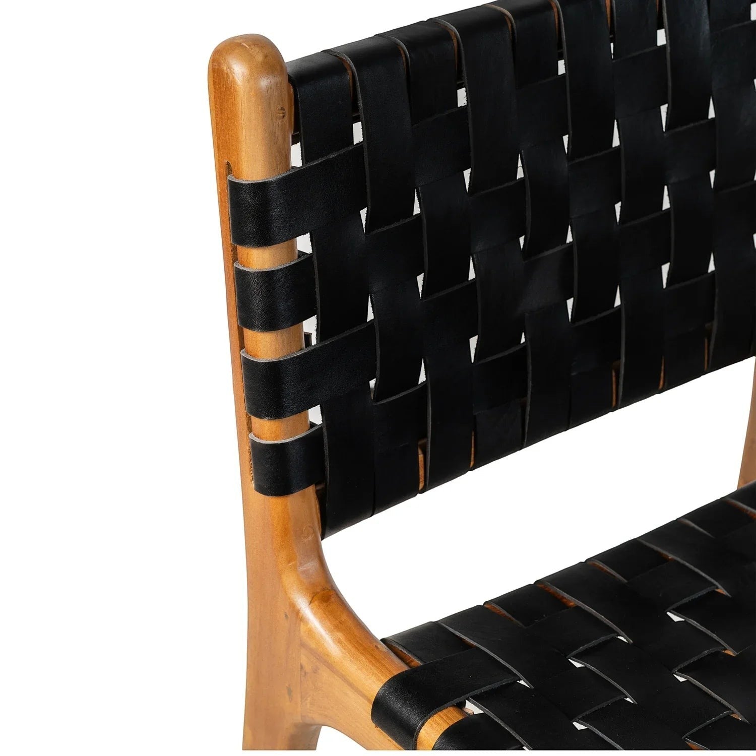Kayu Living Umalas counter stool with woven black leather seat and natural teak frame.