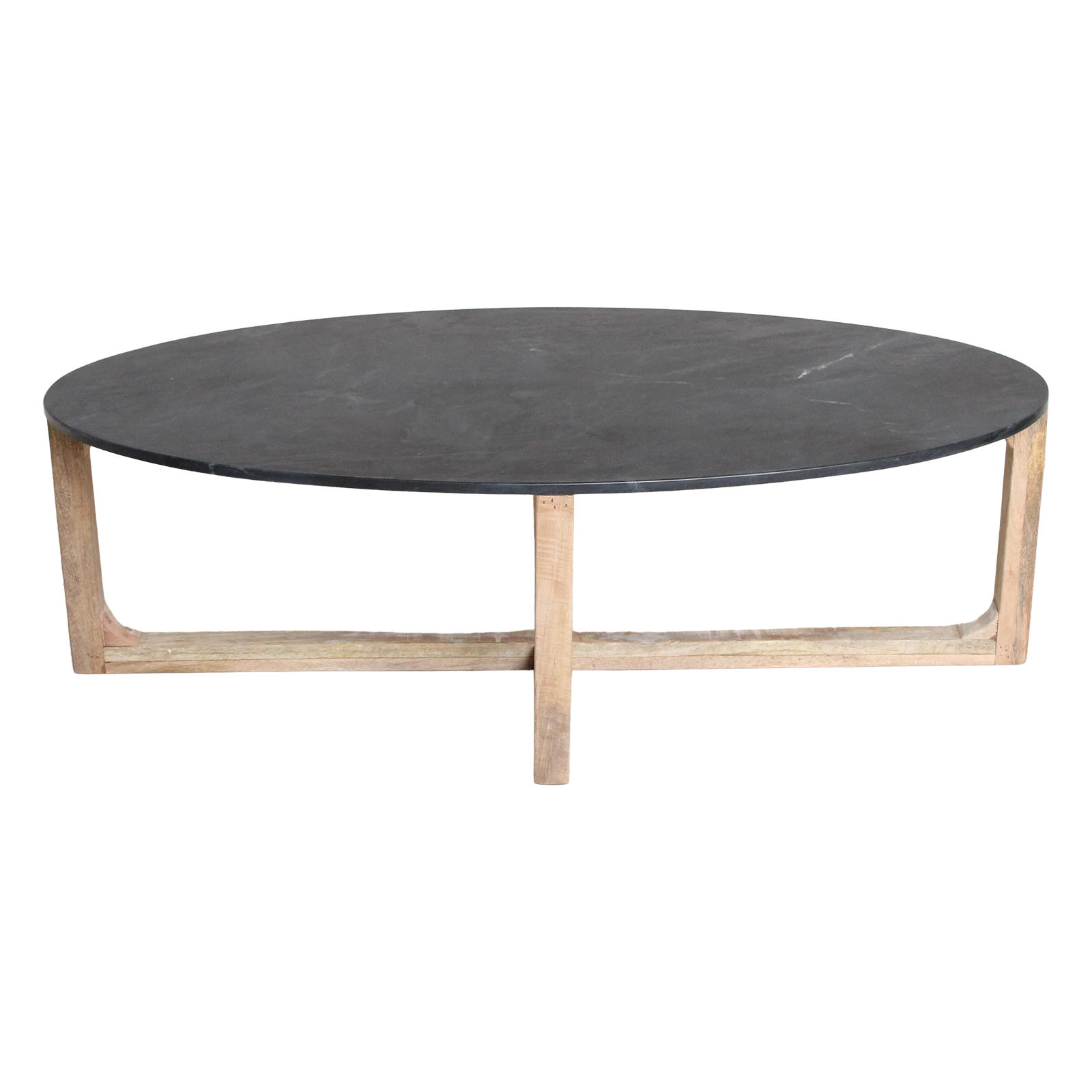 Kayu Living oval coffee table with a black marble top and a sustainable mango wood crossed base.