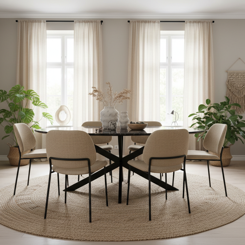A dining room scene with a round black table and six upholstered dining chairs in a warm neutral tone, arranged on a large woven round rug. The room has tall windows with sheer cream curtains, potted plants, and decorative vases.
