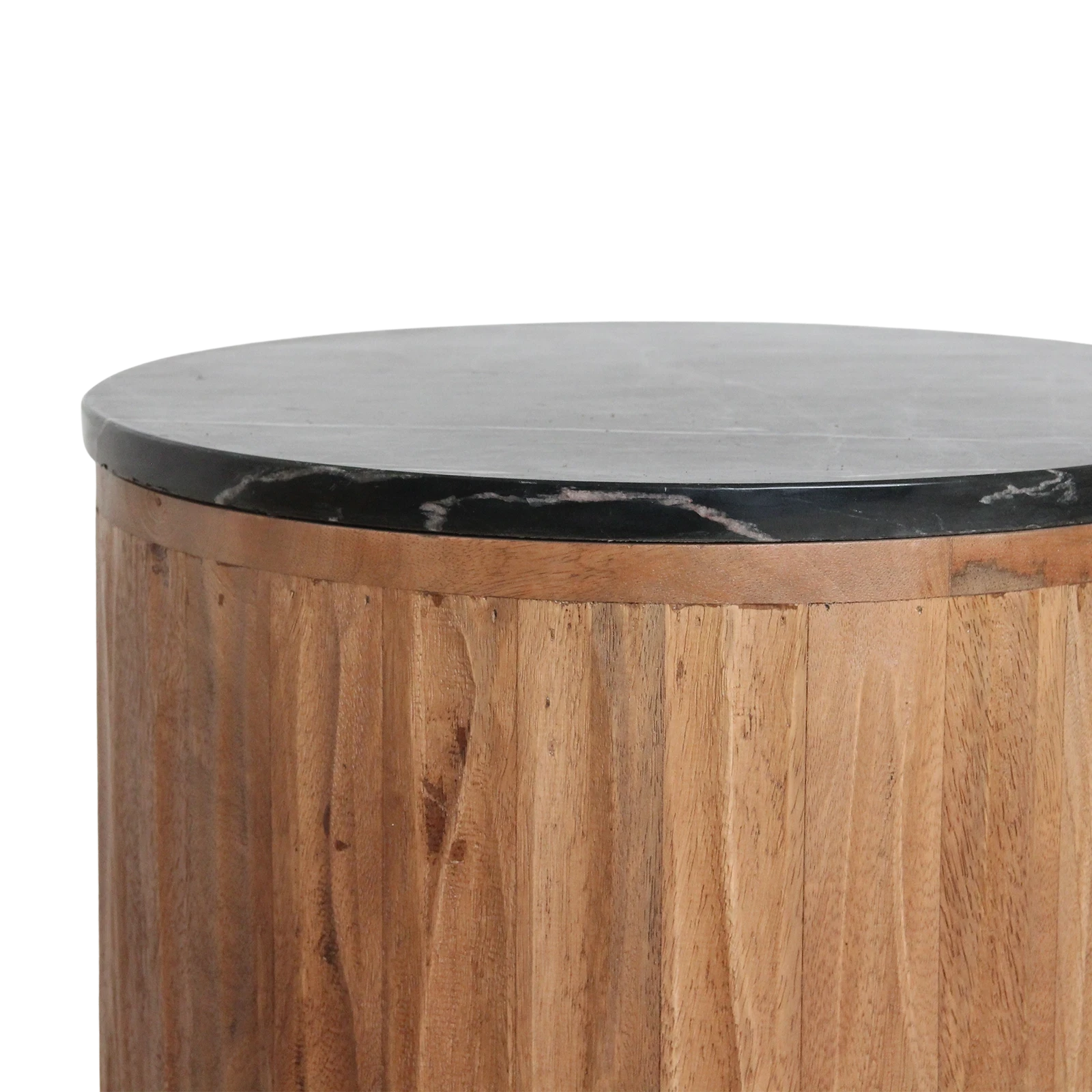 Kayu Living Langkawi side table featuring a round black marble top with light veining and a fluted mango wood base.
