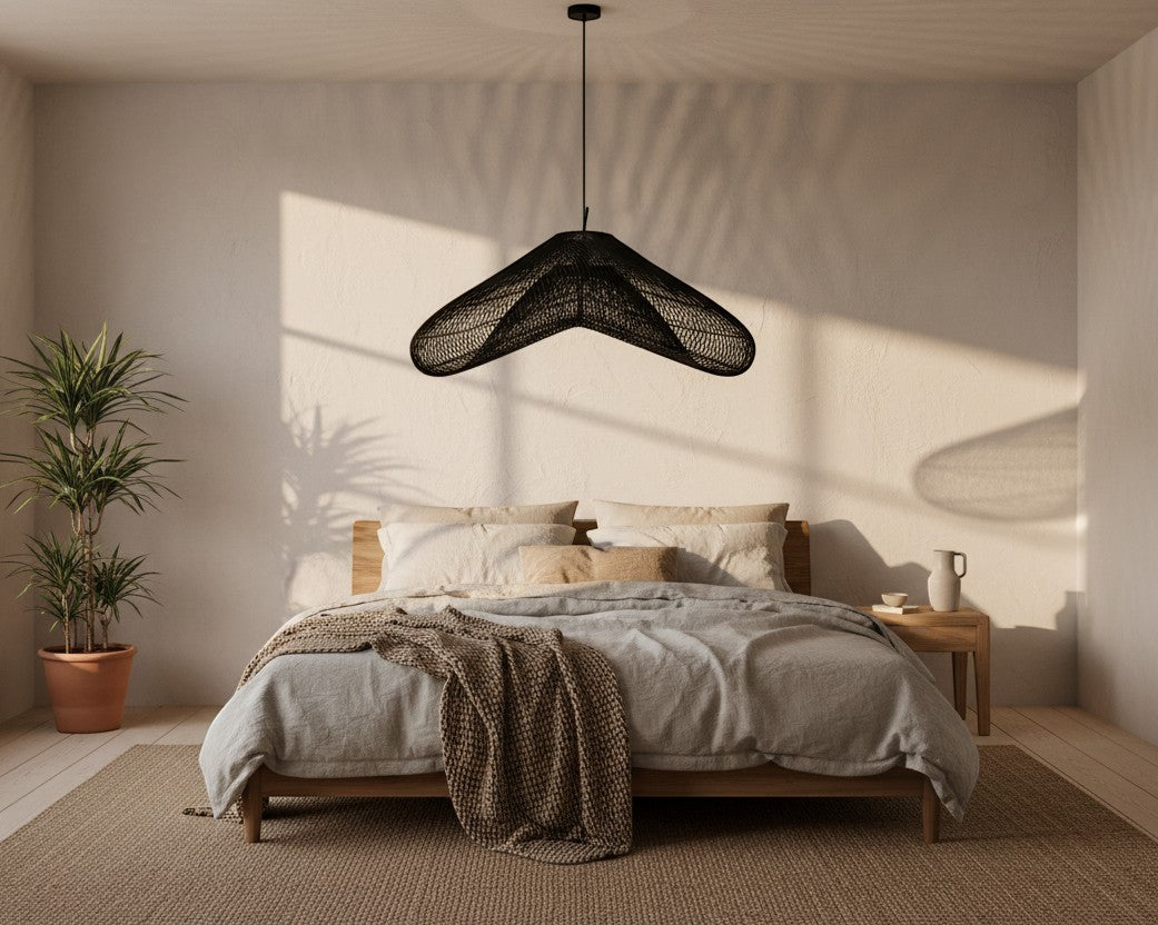 Kayu Living black oversized rattan pendant lamp, sculptural cloud design, XXL size for large rooms.