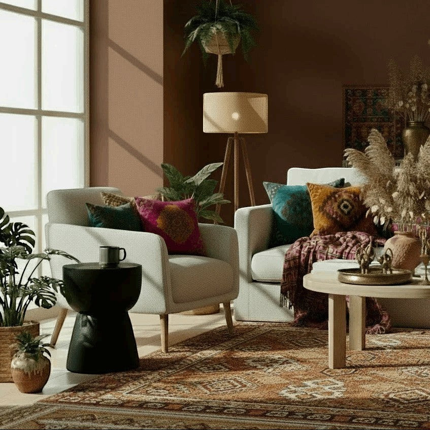 Kayu Living black solid suar wood cupped stool with natural grain and rustic charm.