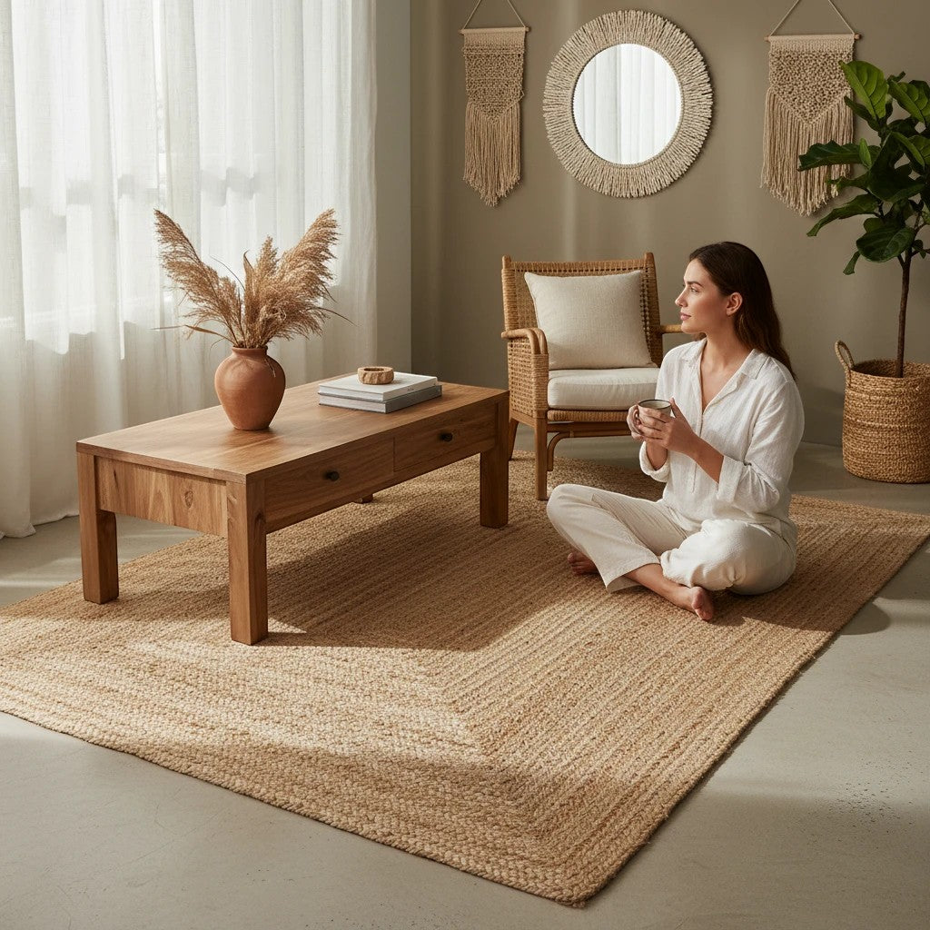 Kayu Living Bombay braided jute rug, natural, 180 x 240 cm, with a warm, earthy texture and robust weave.