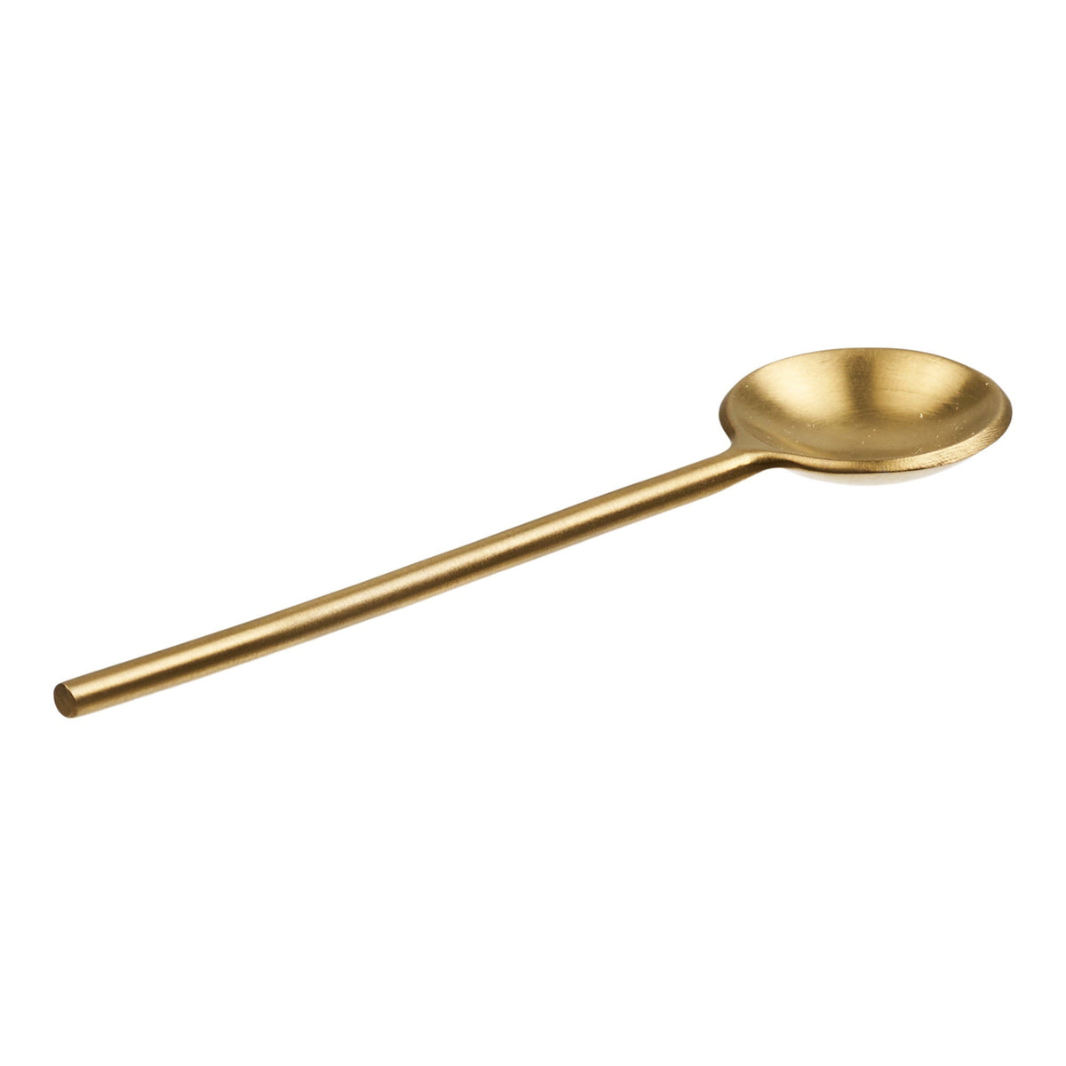 Kayu Living Pauri brass spoon with a slim handle and round bowl, designed for marble storage jars.