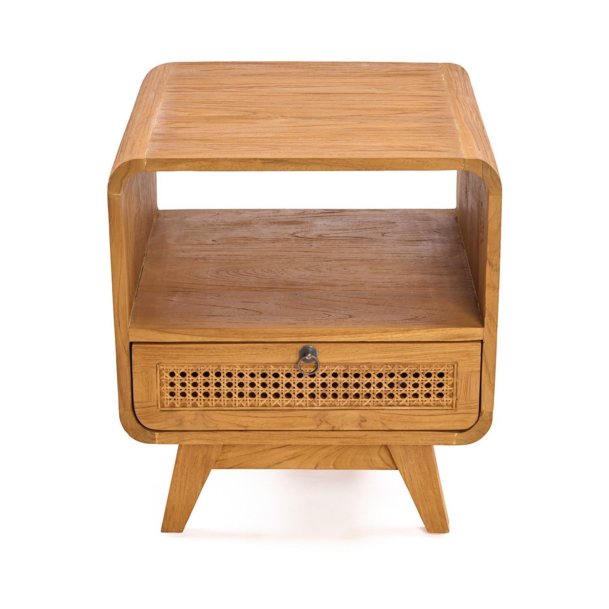 Kayu Living Breeze nightstand in natural teak wood with a handwoven rattan drawer front and open storage shelf.