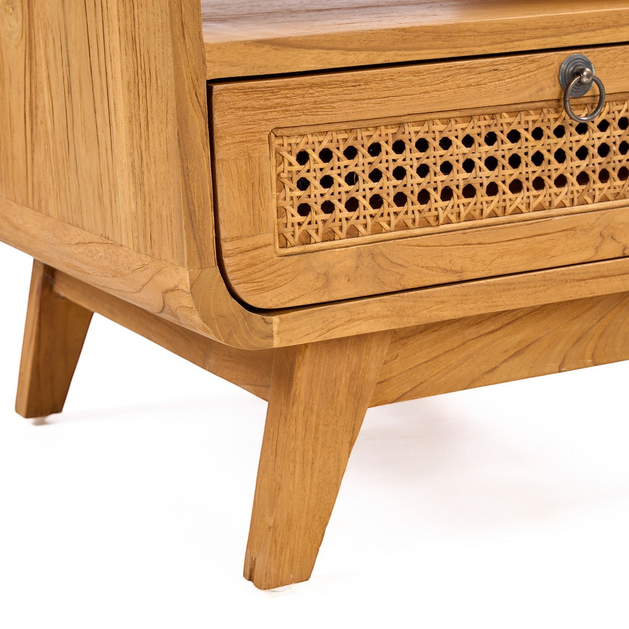 Kayu Living Breeze nightstand in natural teak wood with a handwoven rattan drawer front and metal ring pull.
