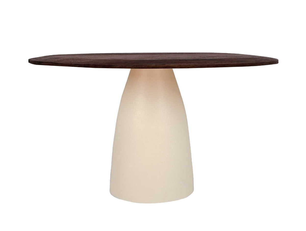 Kayu Living Brix dining table with a round brown hardwood top and a tapered ivory steel pedestal base.