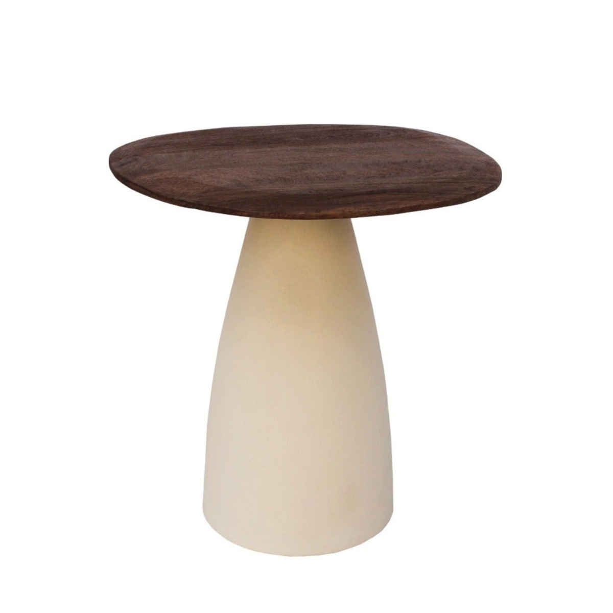 Kayu Living Brix Brown side table with a dark hardwood circular top and a sleek ivory steel pedestal base.