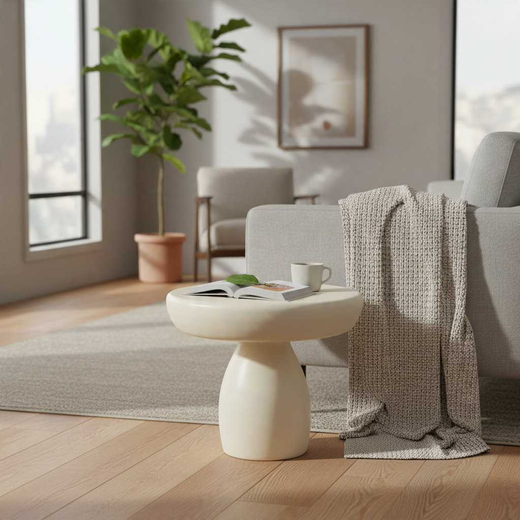 Kayu Living Brix Dune 50 cm coffee table in beige beton ciré with a minimalist pedestal base in a modern living room.