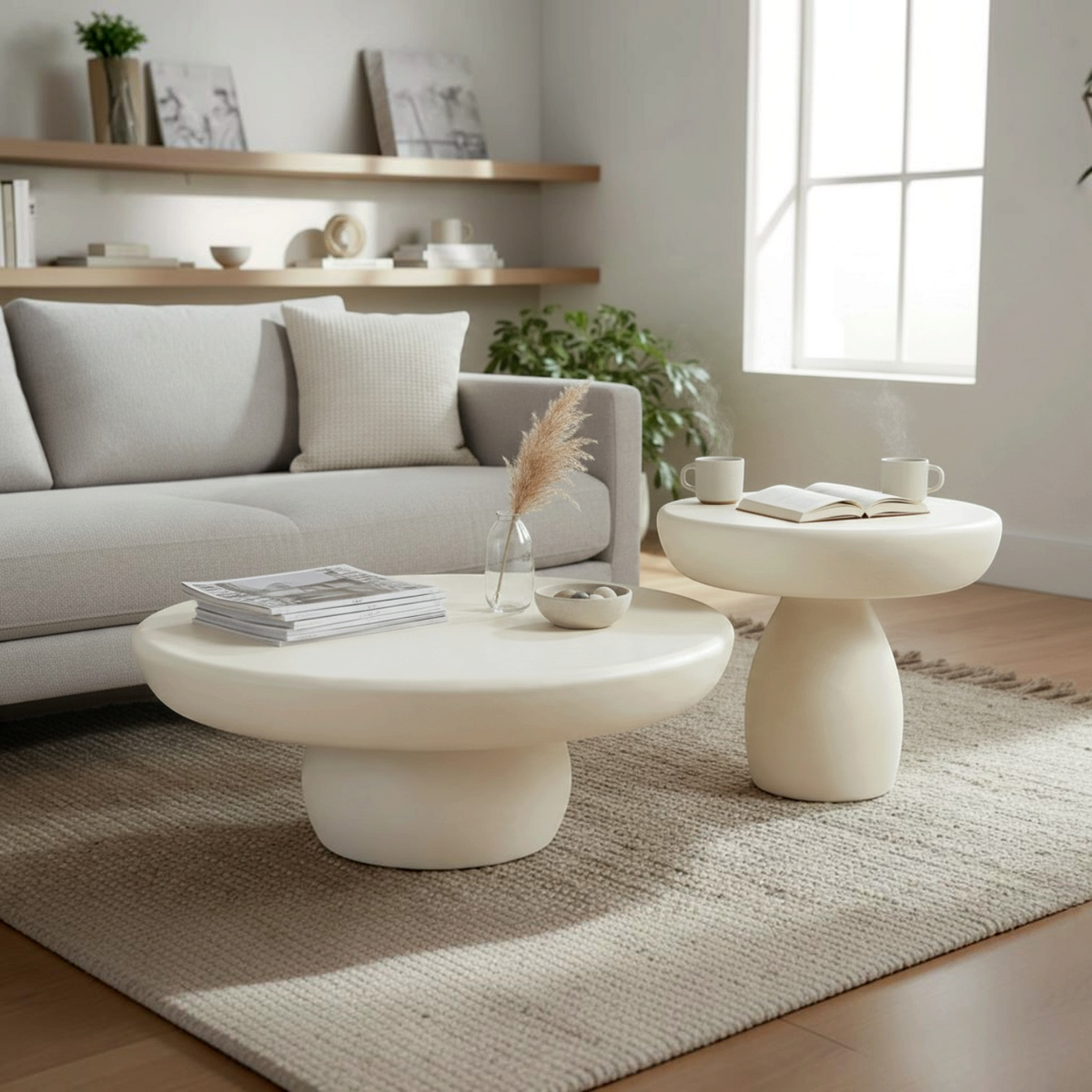 Kayu Living Brix Dune coffee tables in beige beton ciré with a minimalist, contemporary design in a living room.
