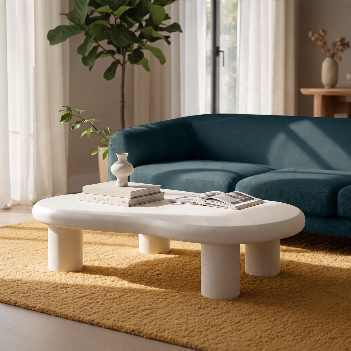 Kayu Living Brix Feline Sandy concrete-ciré coffee table with an organic oval shape in a bright living room setting.