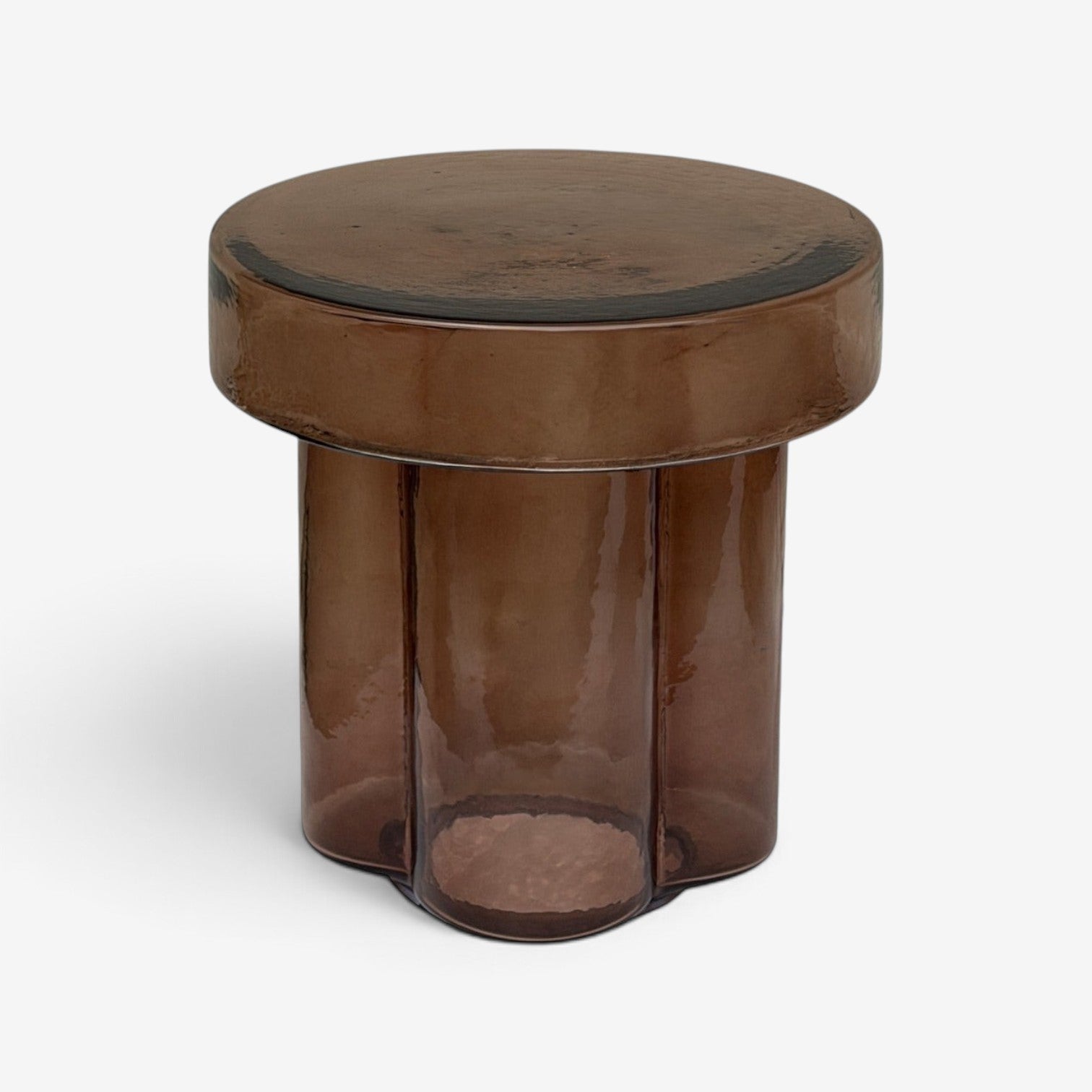 Kayu Living Brix Lio side table in smoked brown glass with a rounded top and fluted cylindrical base.