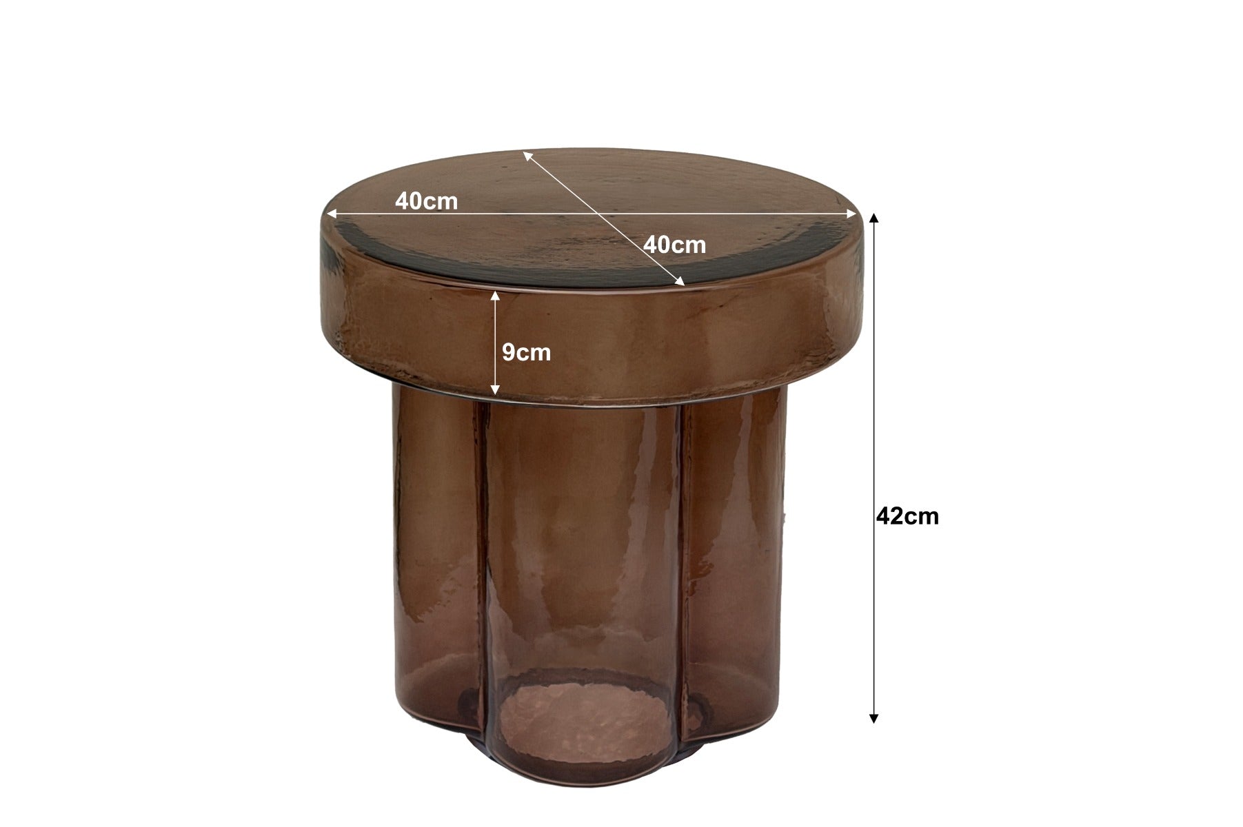 Kayu Living Brix Lio side table in smoked brown glass with a round top and fluted cylindrical base, 40 cm diameter.