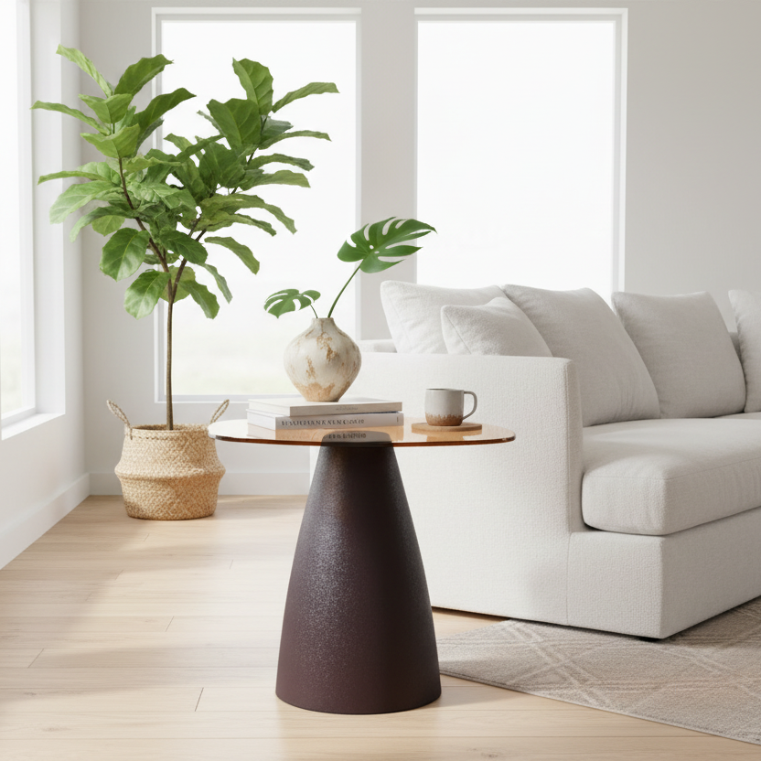 A modern side table with a dark brown textured cone base and a round light glass op, styled in a bright living room next to a white sofa and a potted plant.