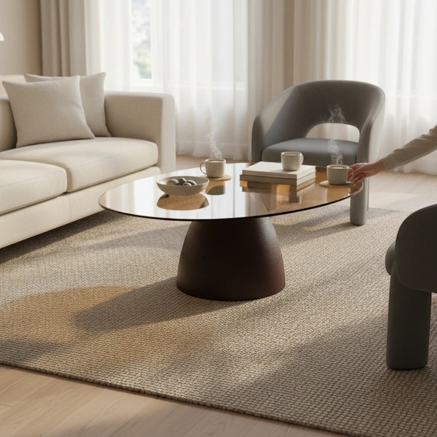 Kayu Living Brix Mylon coffee table with a round smoked-glass top and brown steel base in a modern living room