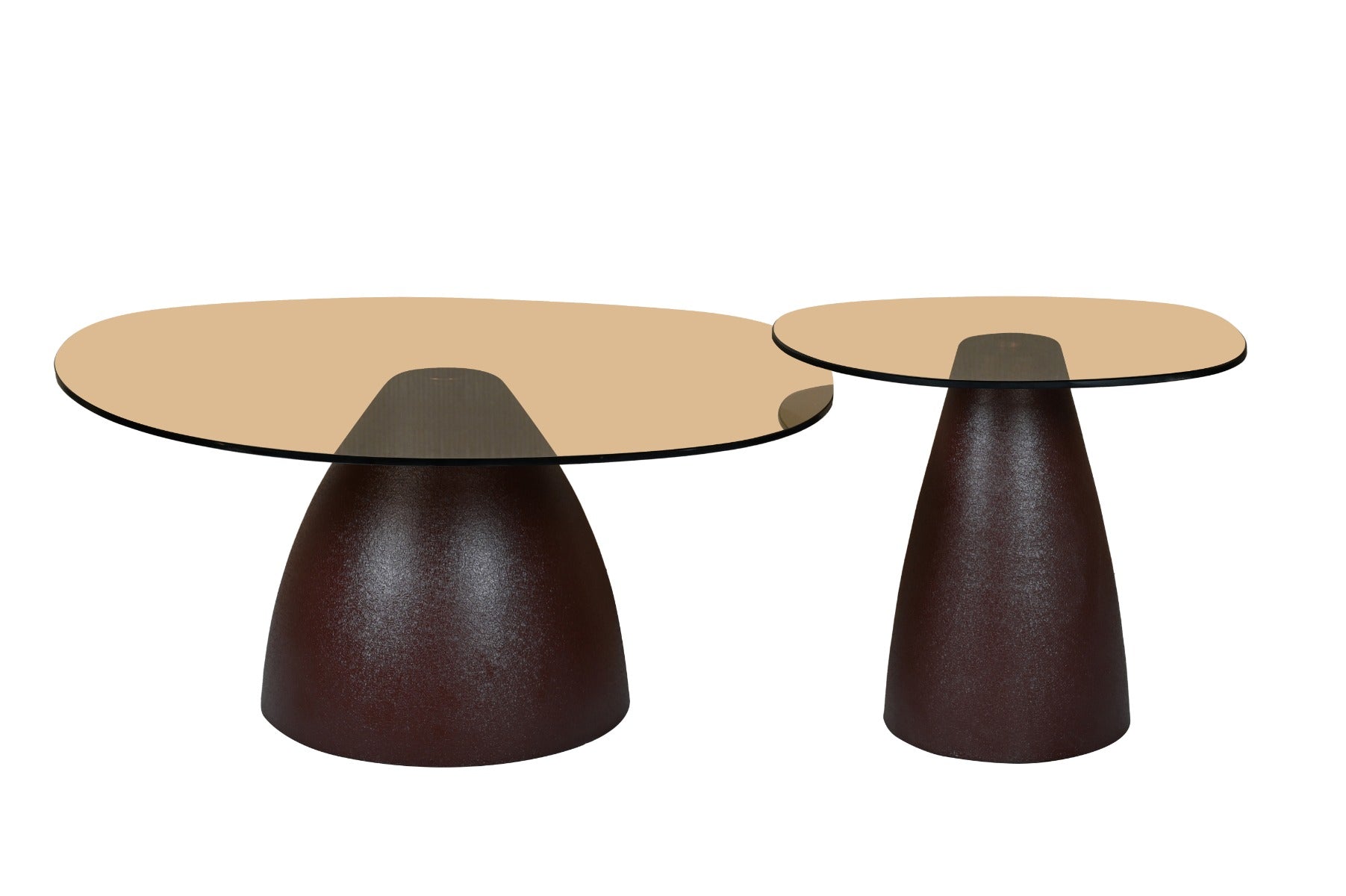Kayu Living Brix Mylon coffee tables featuring brown smoked-glass tops and sturdy conical steel bases