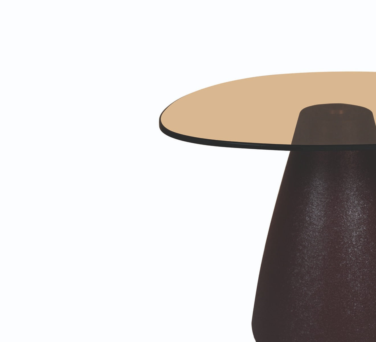 Kayu Living Brix Mylon coffee table with a round smoked-glass top and a textured brown steel pedestal base.